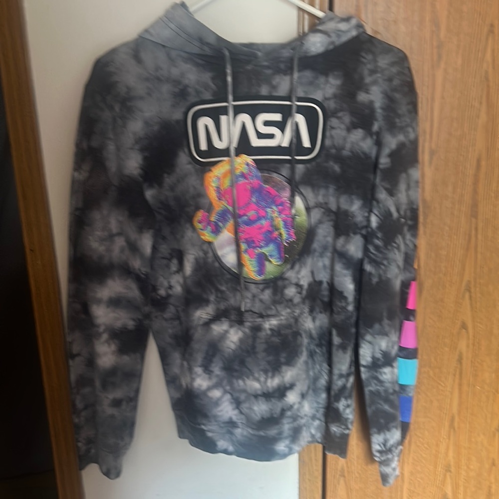 dark grey marble “nasa” hoodie with rainbow accents size XS in women